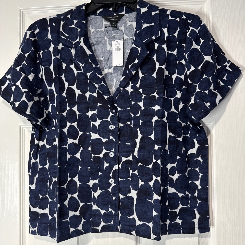 Banana Republic Women's Linen Blend Cropped Shirt Navy White Abstract Dot Small